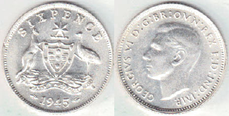 1945 Australia silver Sixpence (aUnc) A000491